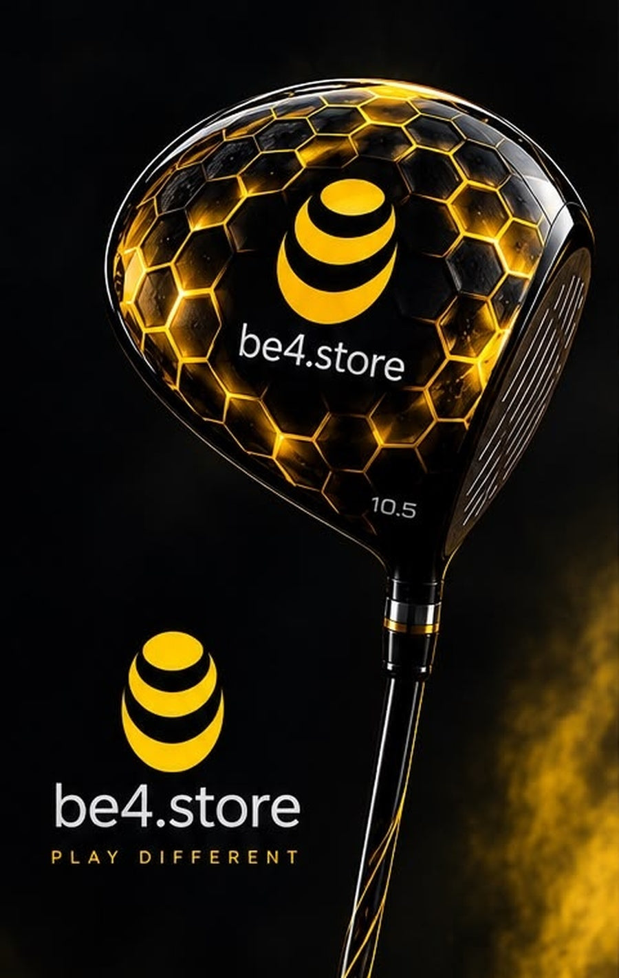 Custom-branded golf driver clubhead and logo lockup — be4.store honeycomb design sample