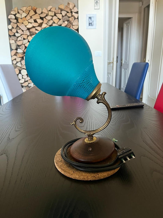 EH Italy turquoise table lamp with brass arm and wooden base
